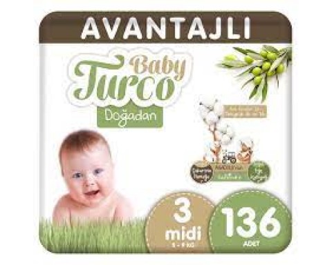 Baby Turco Doğadan Avantajlı Bebek Bezi 3 Numara Midi 136 Adet